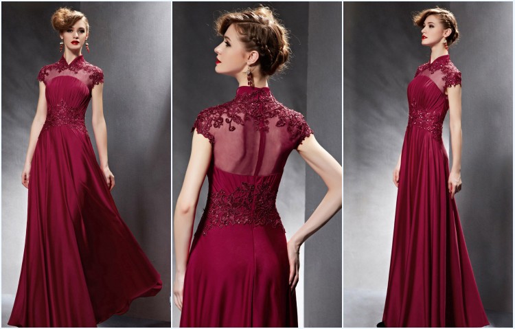 robe bordeaux longue col montant pour fiançailles