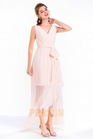 Chic robe rose pastel col V taille ceinturée jupe transparente en mousseline