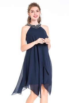 Petite robe cocktail bleu nuit rétro col rond en strass & jupe fluide