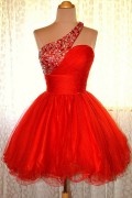 Petite robe cocktail rouge asymétrique à paillettes pour mariage en tulle