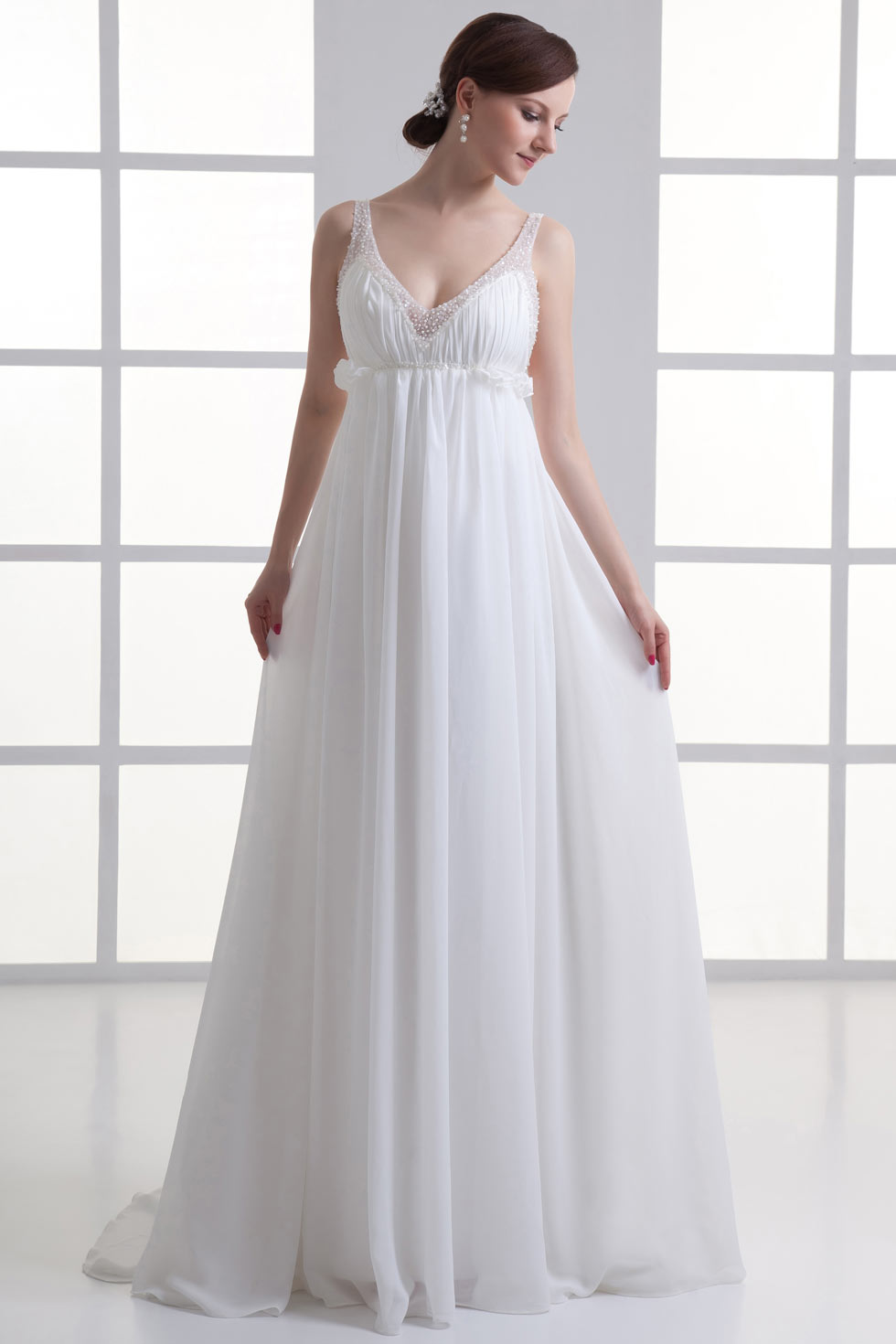 Robe de fiançailles longue chic enceinte empire à col V mousseline pour mariage 