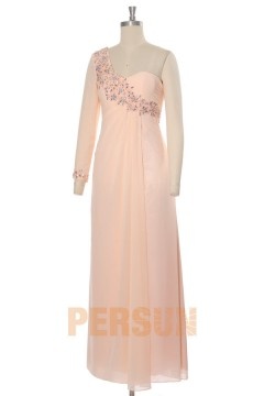 Robe chic soirée rose nude brodée de sequin en mousseline