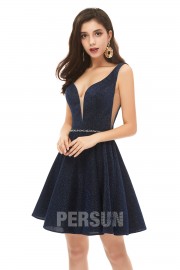 Robe courte bleu marine pour mariage encolure plongeant à dos découvert