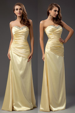 Robe longue jaune pour mariage fourreau bustier coeur bijoutée & drapée en satin