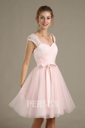 Robe rose perle encolure Queen Anne dos découpé pour cortège mariage