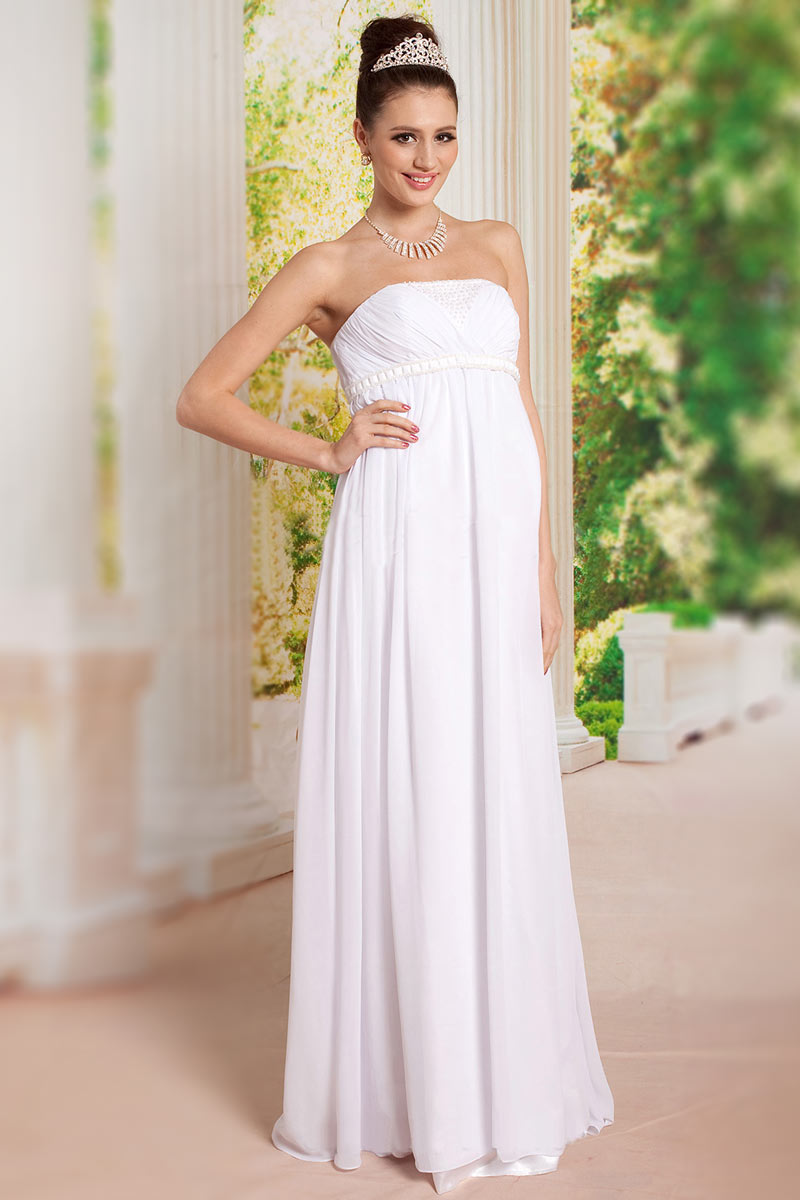 Robe de fiançailles simple blanche longue empire en moussline & bustier plissé pour enceinte 