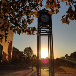 The University of Rochester Rush Rhees Library bell tower at sunrise. 