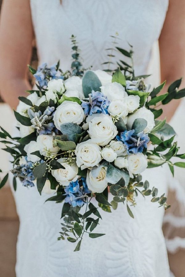 Classic blue white and greenery wedding bouquets