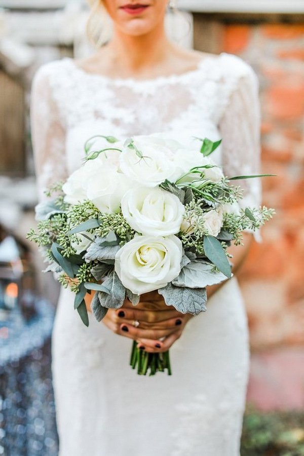 white and green winter wedding bouquet