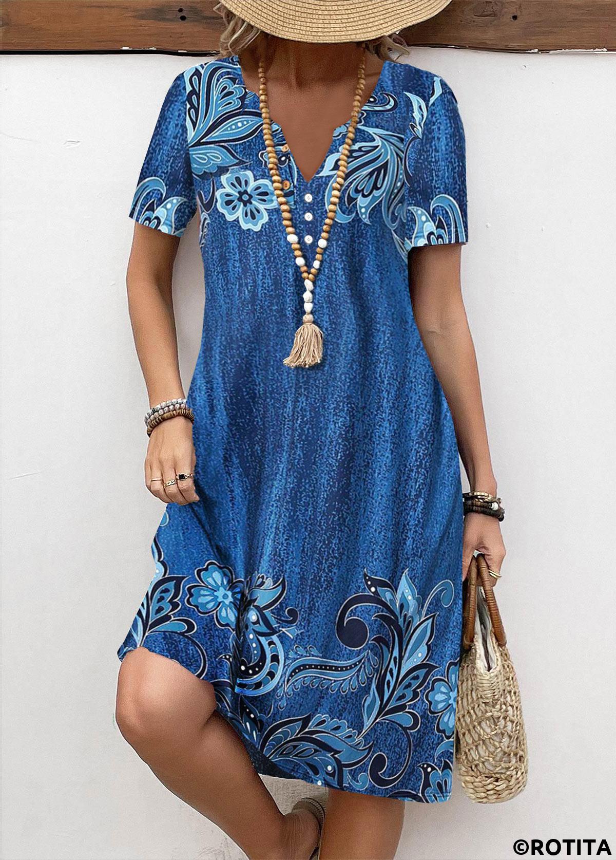 ROTITA Button Floral Print Denim Blue A Line Dress