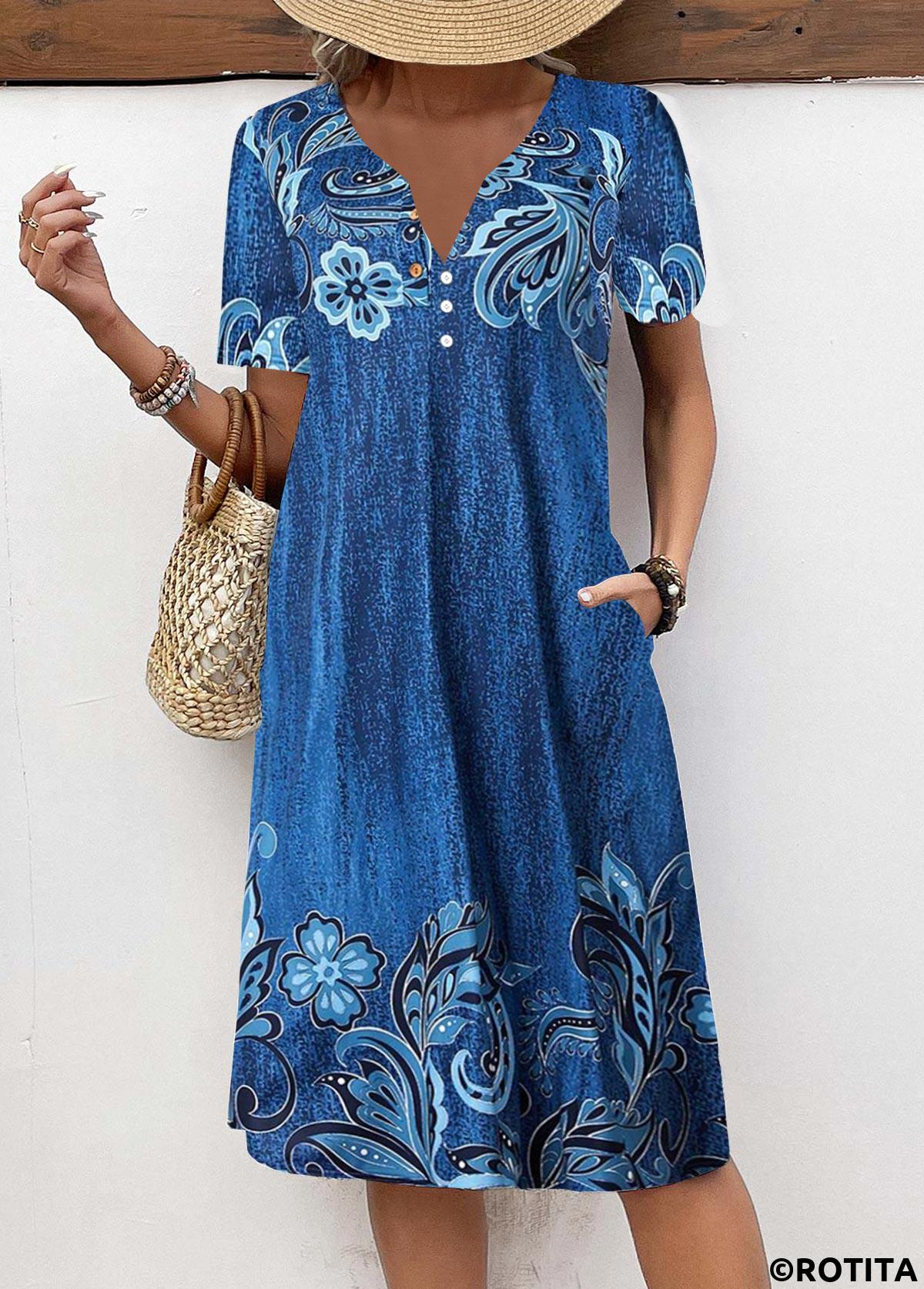 ROTITA Button Floral Print Denim Blue A Line Dress