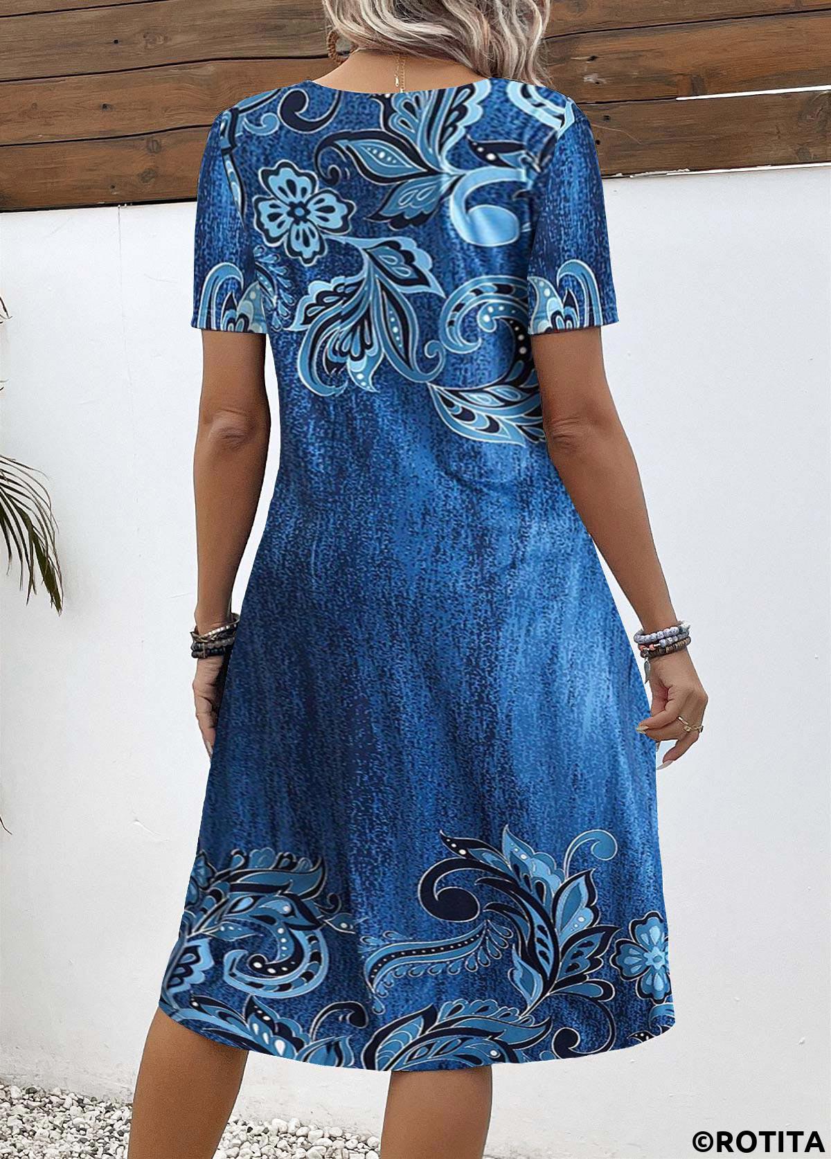 ROTITA Button Floral Print Denim Blue A Line Dress