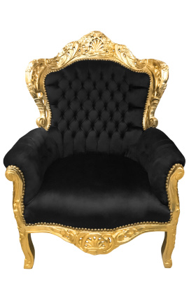 Big baroque style armchair fabric black velvet and gold wood