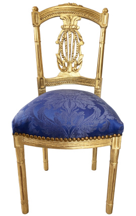 Harp chair with blue Gobelins satin fabric and gold wood