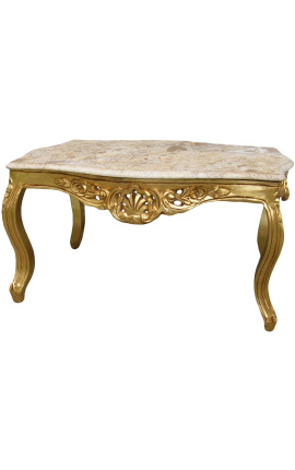 Coffee table baroque style gilded wood with beige marble