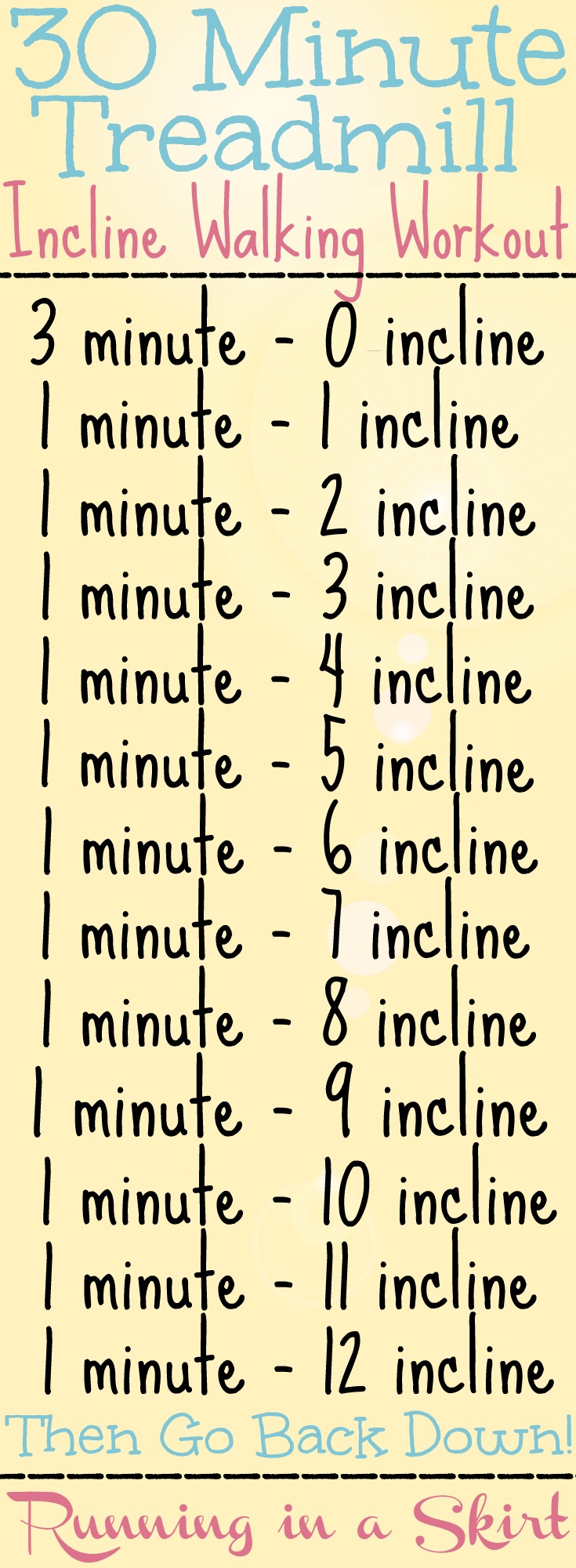 30 Minute Incline Treadmill Walking Workout. A great way to exercise and stay healthy, to lose weight or weightloss, if that is your goal! Your heart rate will come up and you will sweat plus the time goes by fast. A fun workout for beginner to advanced walkers. Adjust the speed to your tempo. / Running in a Skirt via @juliewunder