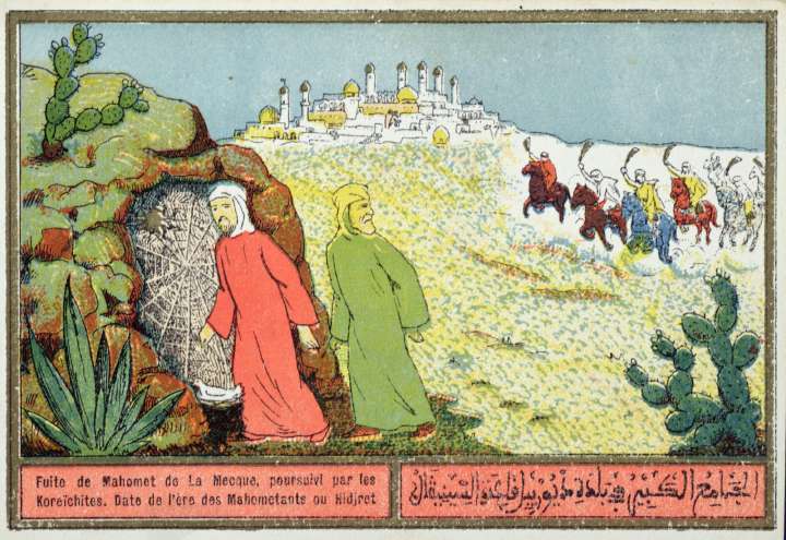 Mohammed’s Flight from Mecca in 622 AD; Algerian color postcard from the 1920s or ’30s. Mohammed is the figure entering the cave. The original postcard is in a private collection. (Hat tip: Martin H.)