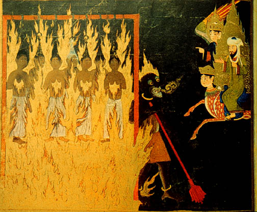 Mohammed, along with Buraq and Gabriel, visit Hell, and see a demon punishing “shameless women” who had exposed their hair to strangers. For this crime of inciting lust in men, the women are strung up by their hair and burned for eternity. Persian, 15th century.