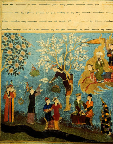 Mohammed, flying over Paradise, looks at the houris harvesting flowers and enjoying themselves. Persian, 15th century.