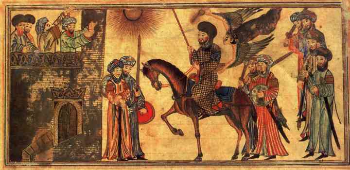 Mohammed (riding the horse) receiving the submission of the Banu Nadir, a Jewish tribe he defeated at Medina. From the Jami’al-Tawarikh, dated 1314-5. In the Nour Foundation’s Nasser D. Khalili Collection of Islamic Art, London.