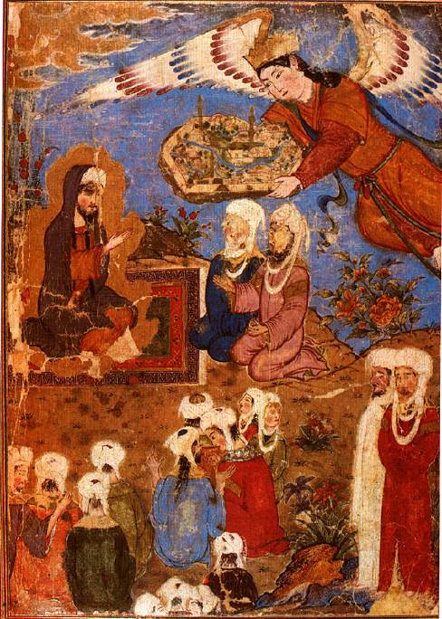 An angel presenting Mohammed (upper left) and his companions with a miniature city. In the Topkapi Palace Library, Istanbul.