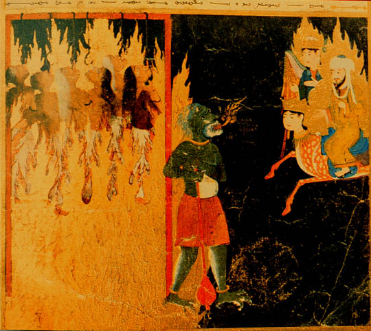 Next, Mohammed sees women strung up by hooks thrust through their tongues by a green demon. Their crimes were to “mock” their husbands and to leave their homes without permission. Persian, 15th century.