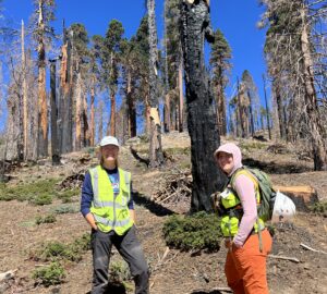 Two female restoration workers in neon-green vests smile in front of a partially burned sequia forest