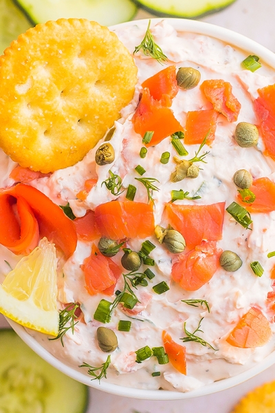 overhead shot of bowl of smoked salmon dip