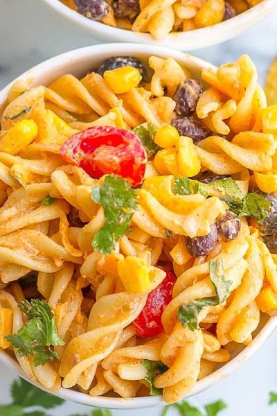 overhead shot of bowl of taco pasta salad