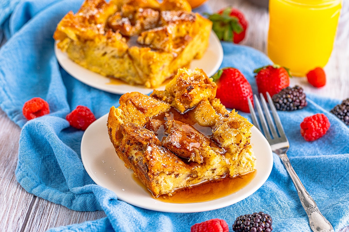 overnight french toast casserole coated in syrup