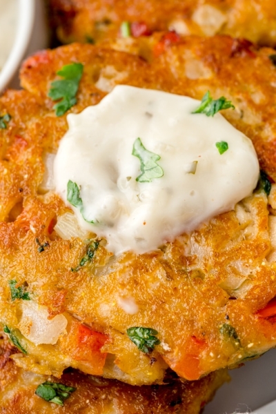 salmon pattie with white creamy sauce on top