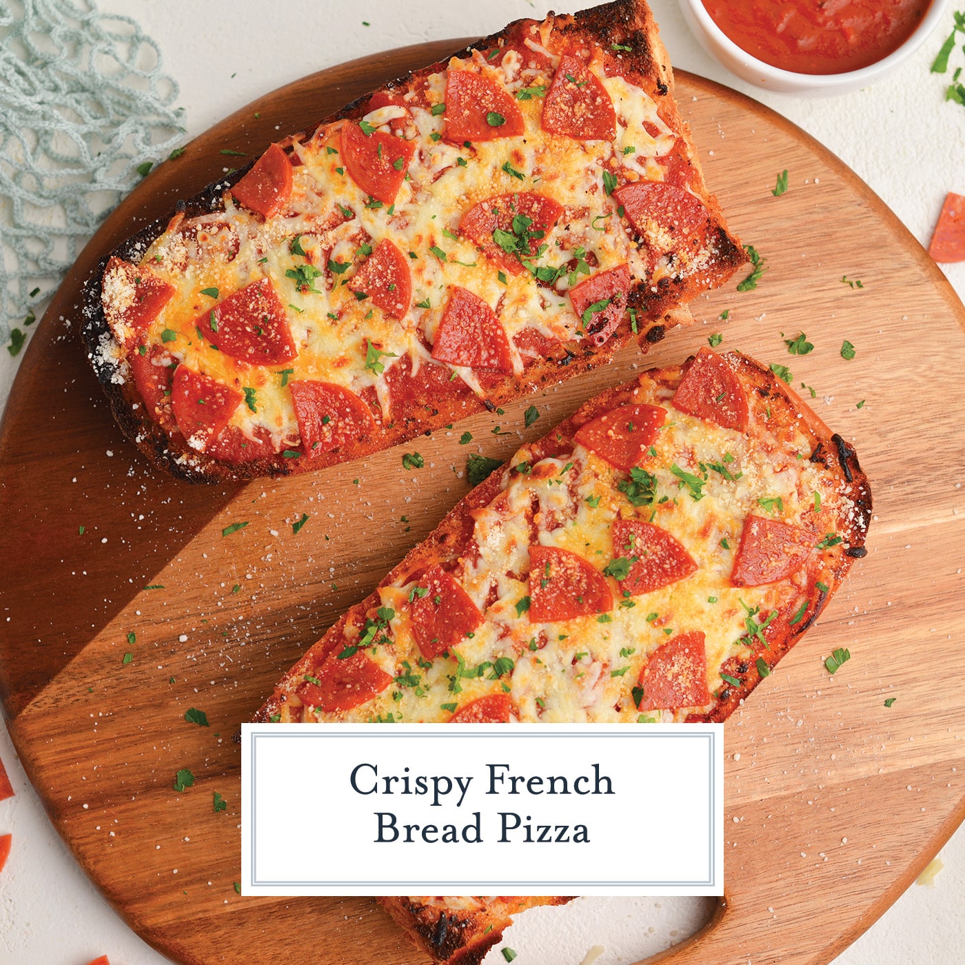 overhead shot of two slices of french bread pizza with text overlay for facebook