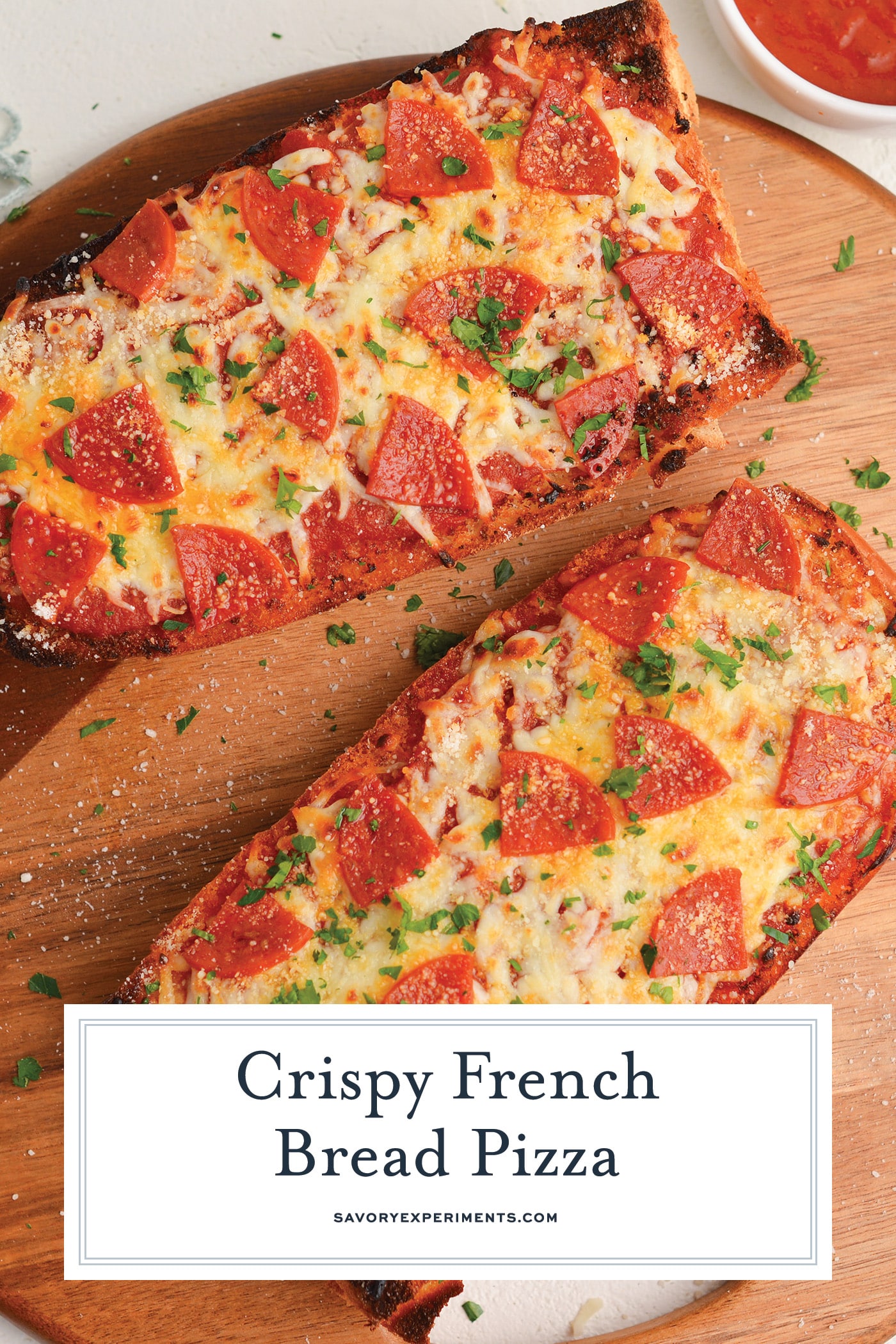 overhead shot of two pieces of french bread pizza with text overlay for pinterest