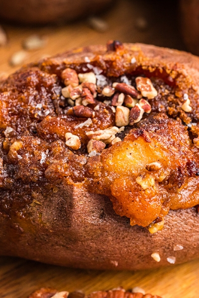 close up angled shot of apple spiced stuffed sweet potato