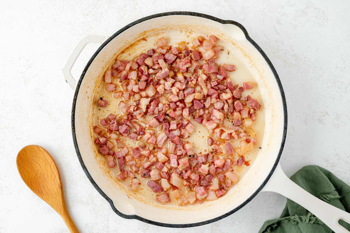 overhead shot of pancetta cooking in pan