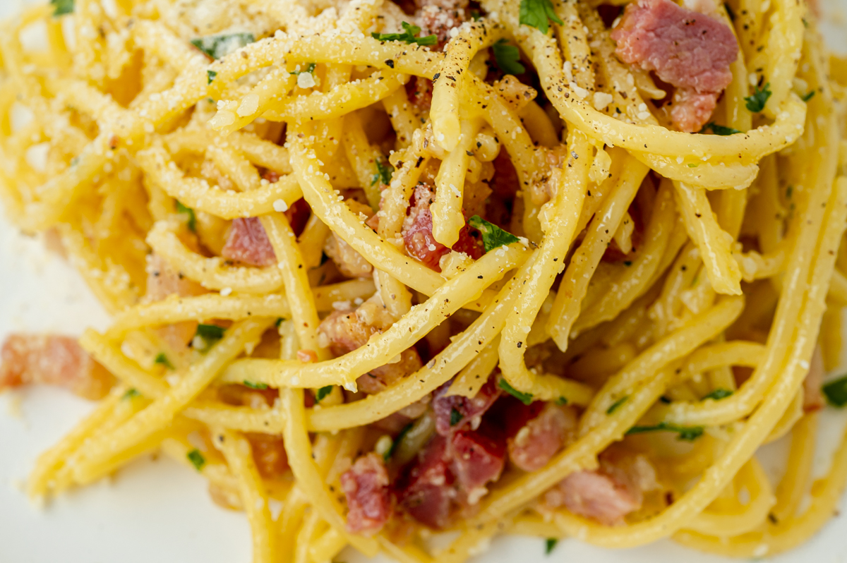 close up overhead shot of authentic carbonara