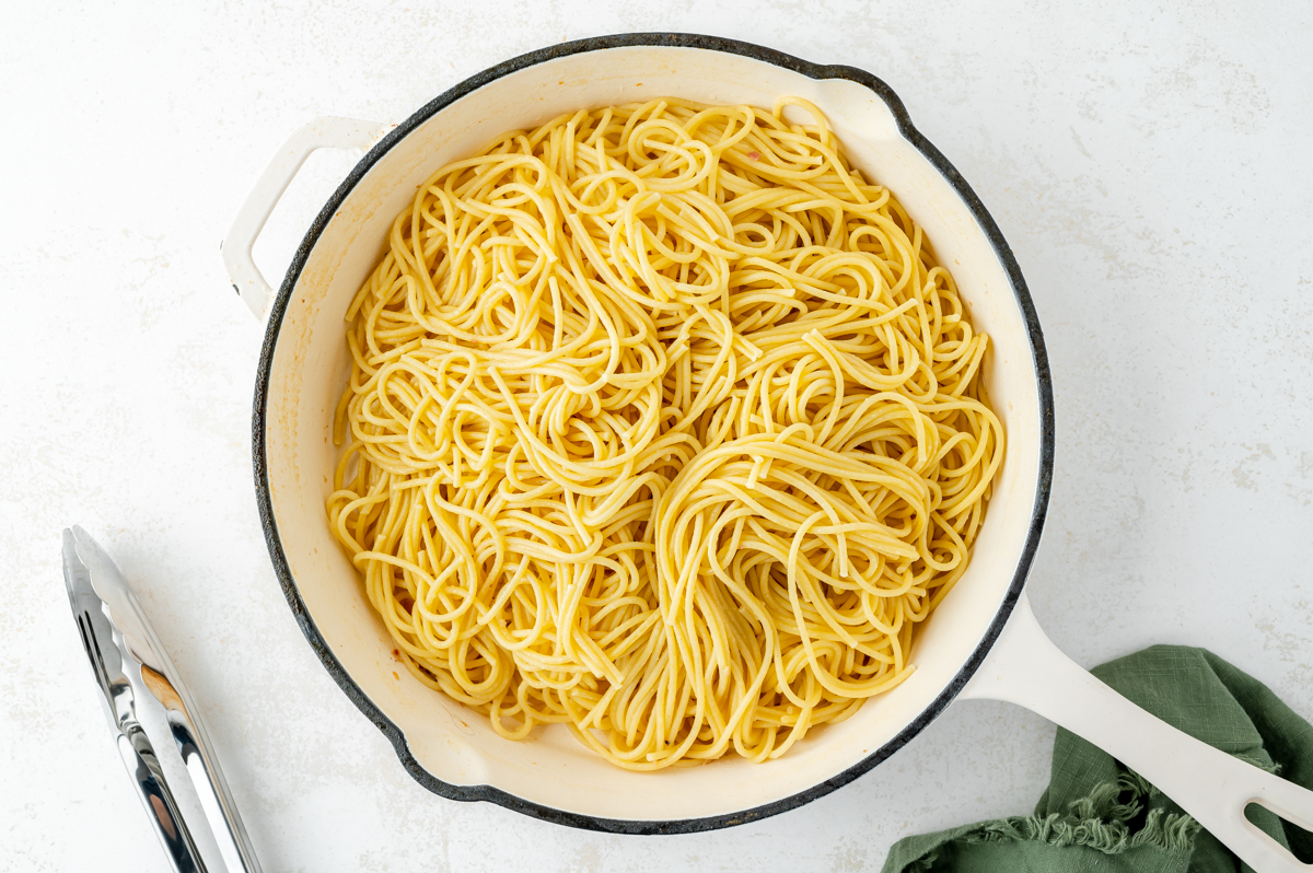 overhead shot of pasta in pan