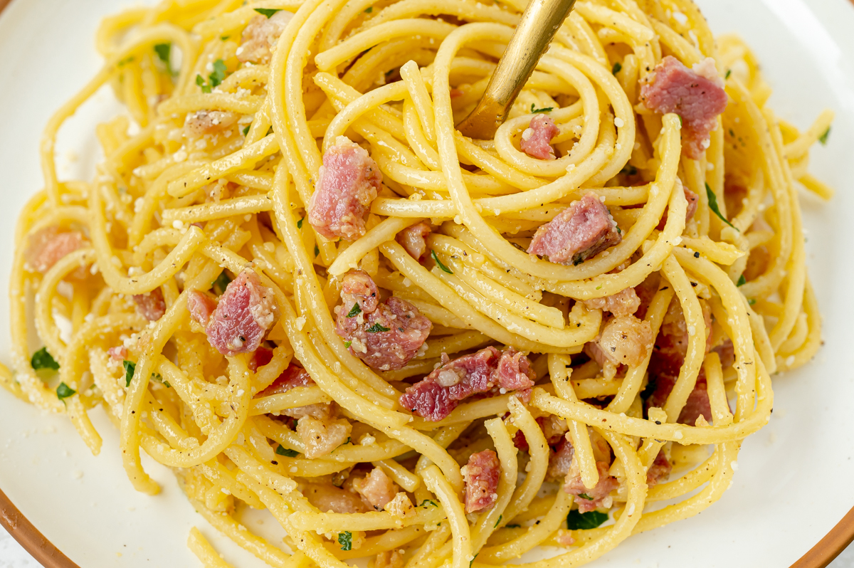 close up overhead shot of twirl of pasta on plate