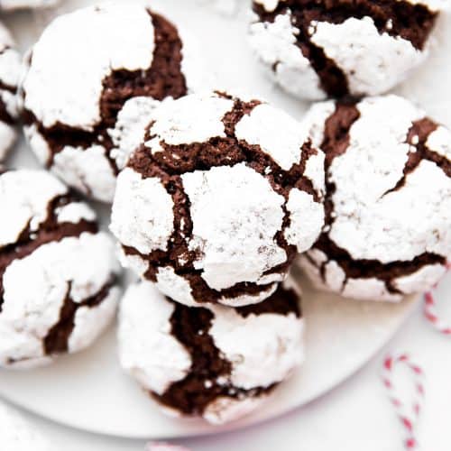 overhead view of chocolate crinkle cookies