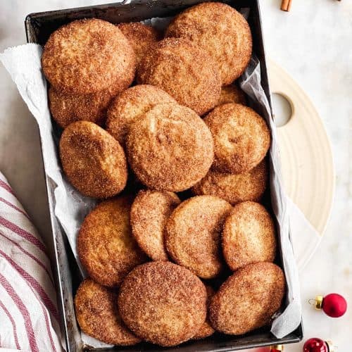 black metal pan filled with snickerdoodle cookies