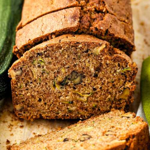 frontal view of sliced zucchini bread