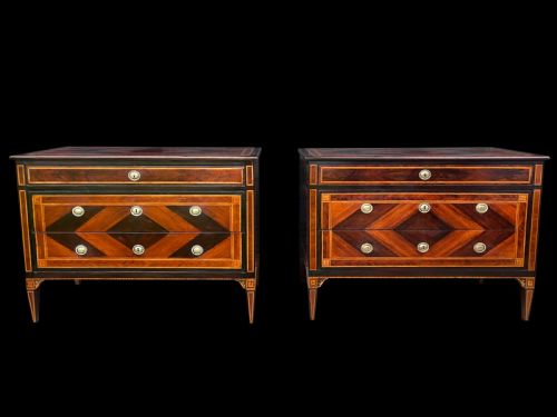 A RARE PAIR OF LUIGI XVI PERIOD PARQUETRY INLAID COMMODES ITALY C1785