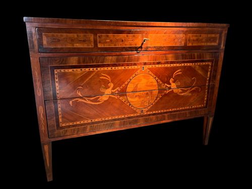 AN INTERESTING MARQUETRY INLAID COMMODE ITALY C1790