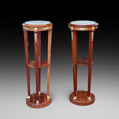 PAIR OF LATE 19THC FRENCH ORMOLU MOUNTED MAHOGANY TORCHERES