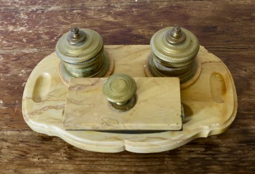 FRENCH BRASS AND MARBLE DESK INKWELL STAND