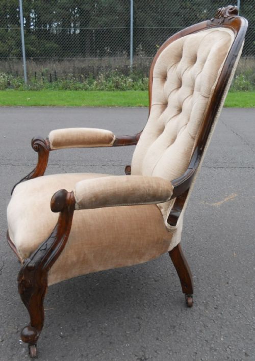 VICTORIAN WALNUT FRAMED UPHOLSTERED ARMCHAIR - ADDITIONAL PHOTO 3