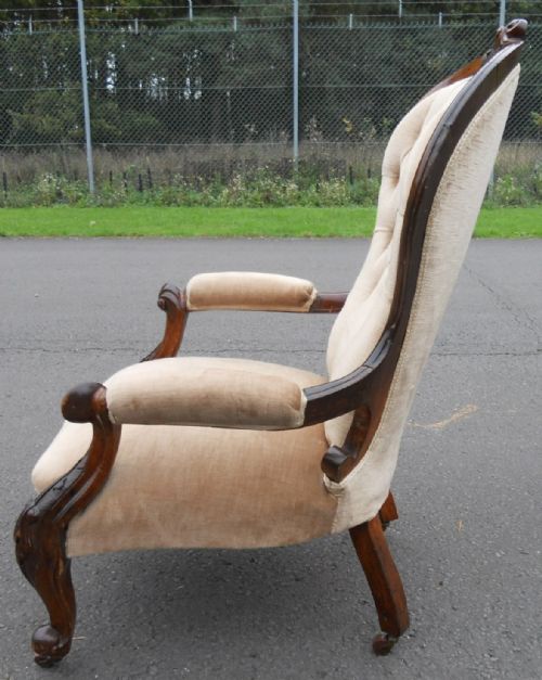 VICTORIAN WALNUT FRAMED UPHOLSTERED ARMCHAIR - ADDITIONAL PHOTO 4