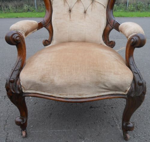 VICTORIAN WALNUT FRAMED UPHOLSTERED ARMCHAIR - ADDITIONAL PHOTO 10