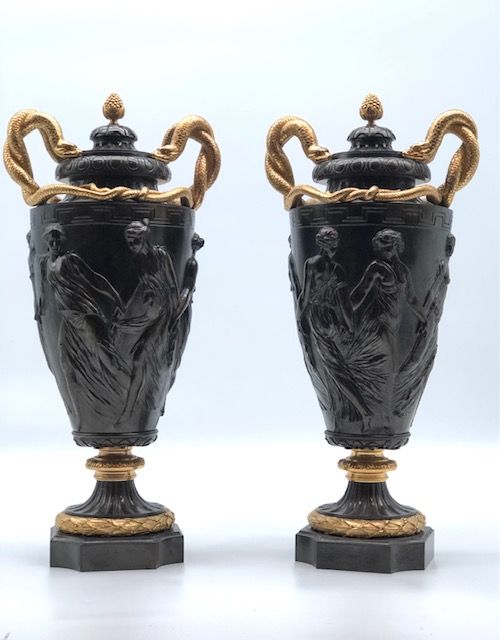 Superb Pair Of Bronze & Ormolu Lidded Urns With Snake Handles, French ...