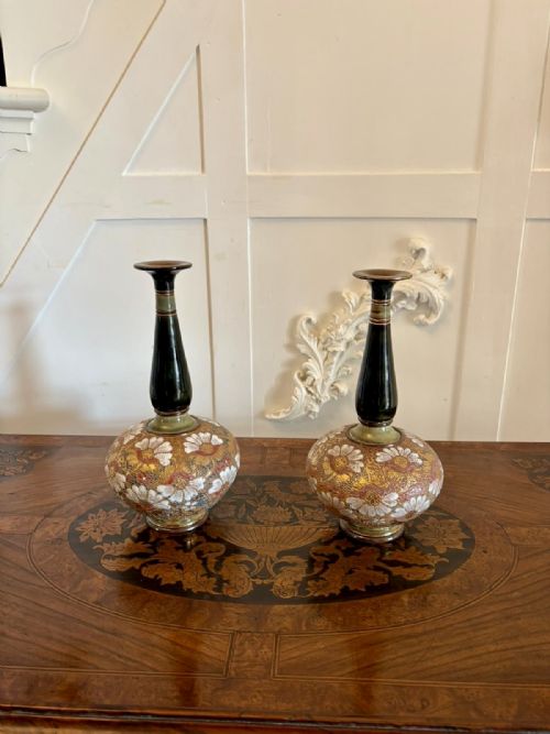 PAIR OF ANTIQUE VICTORIAN QUALITY ROYAL DOULTON SLATER STONEWARE VASES